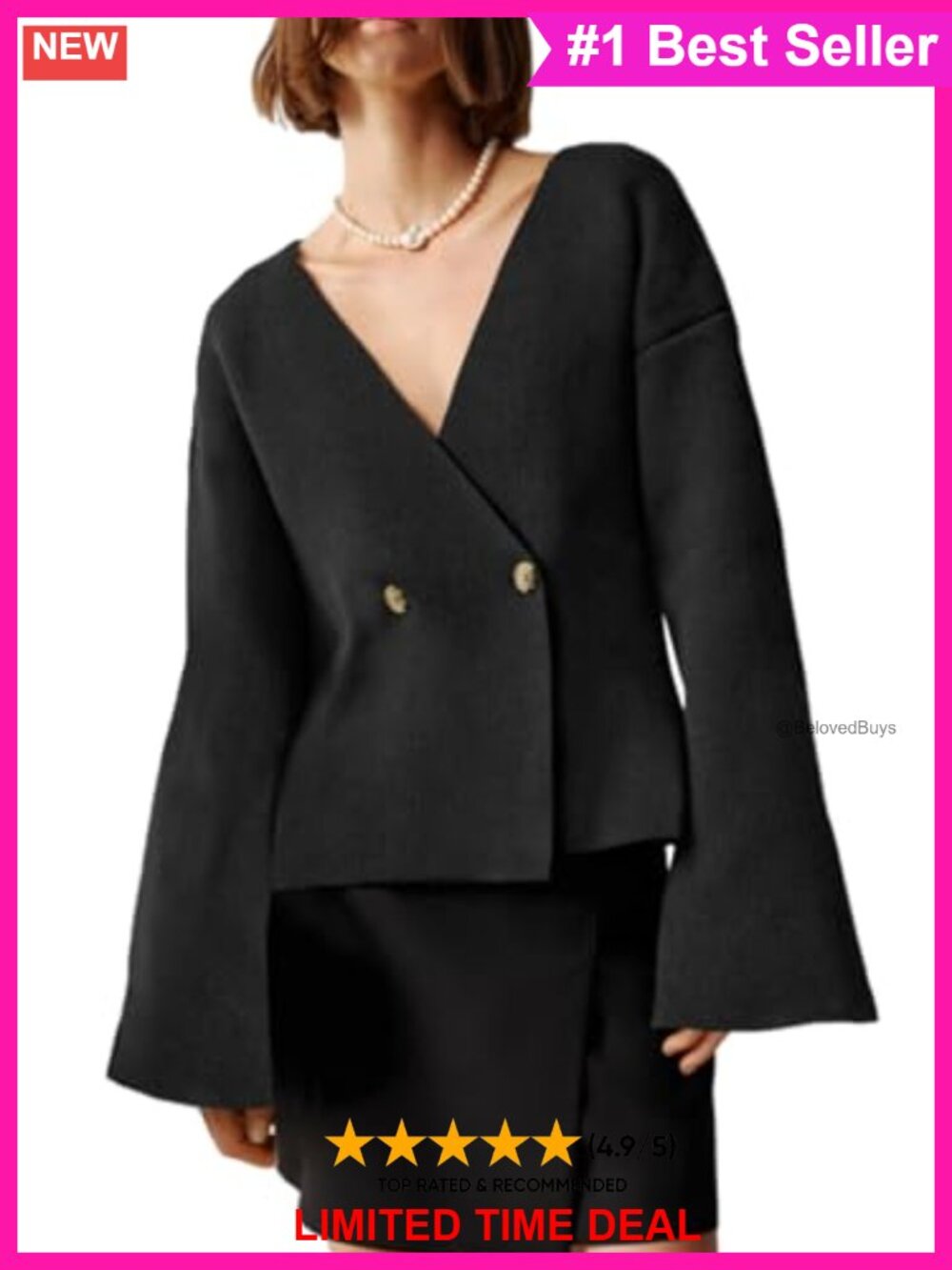 Oversized V Neck Bell Sleeve Cardigan Double Breasted Sweater Blazer